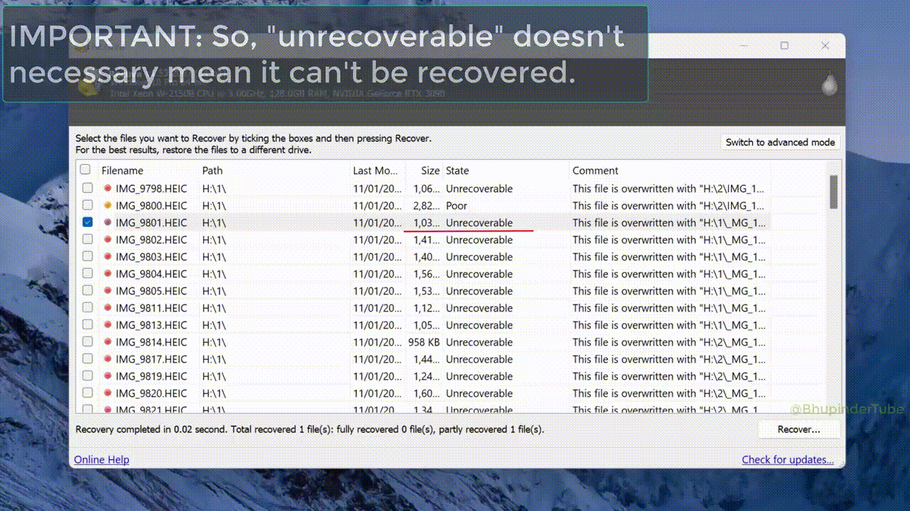 Recuva main window: recoverable files list with path and recovery status columns