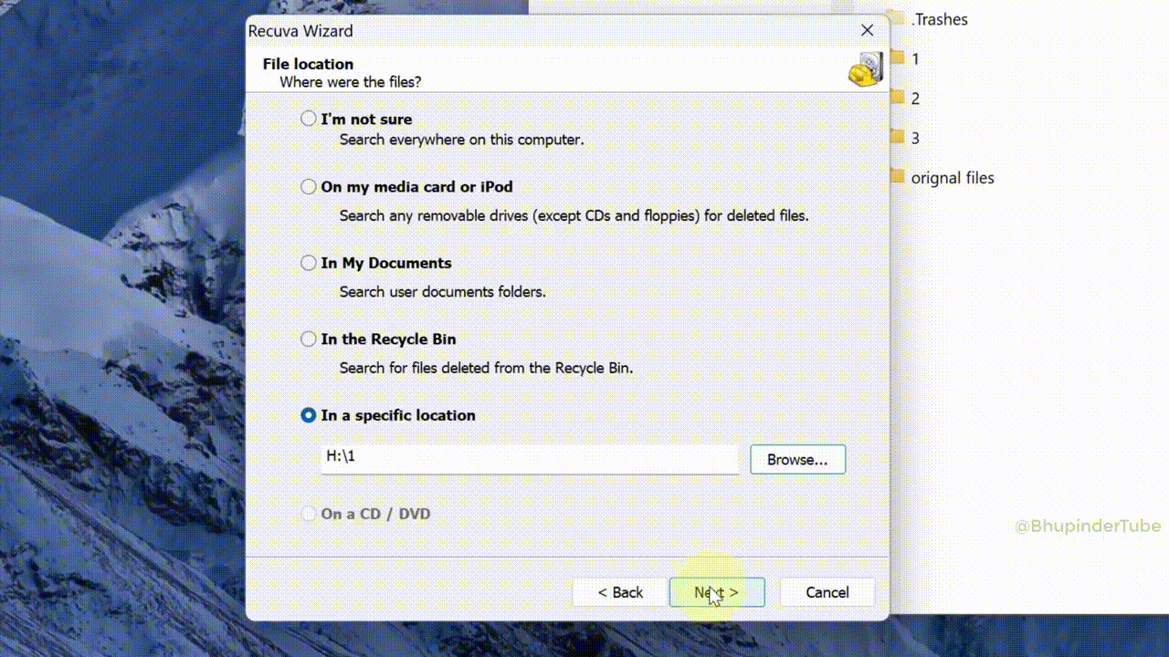 Recuva scan progress or results view showing elapsed time and listed files